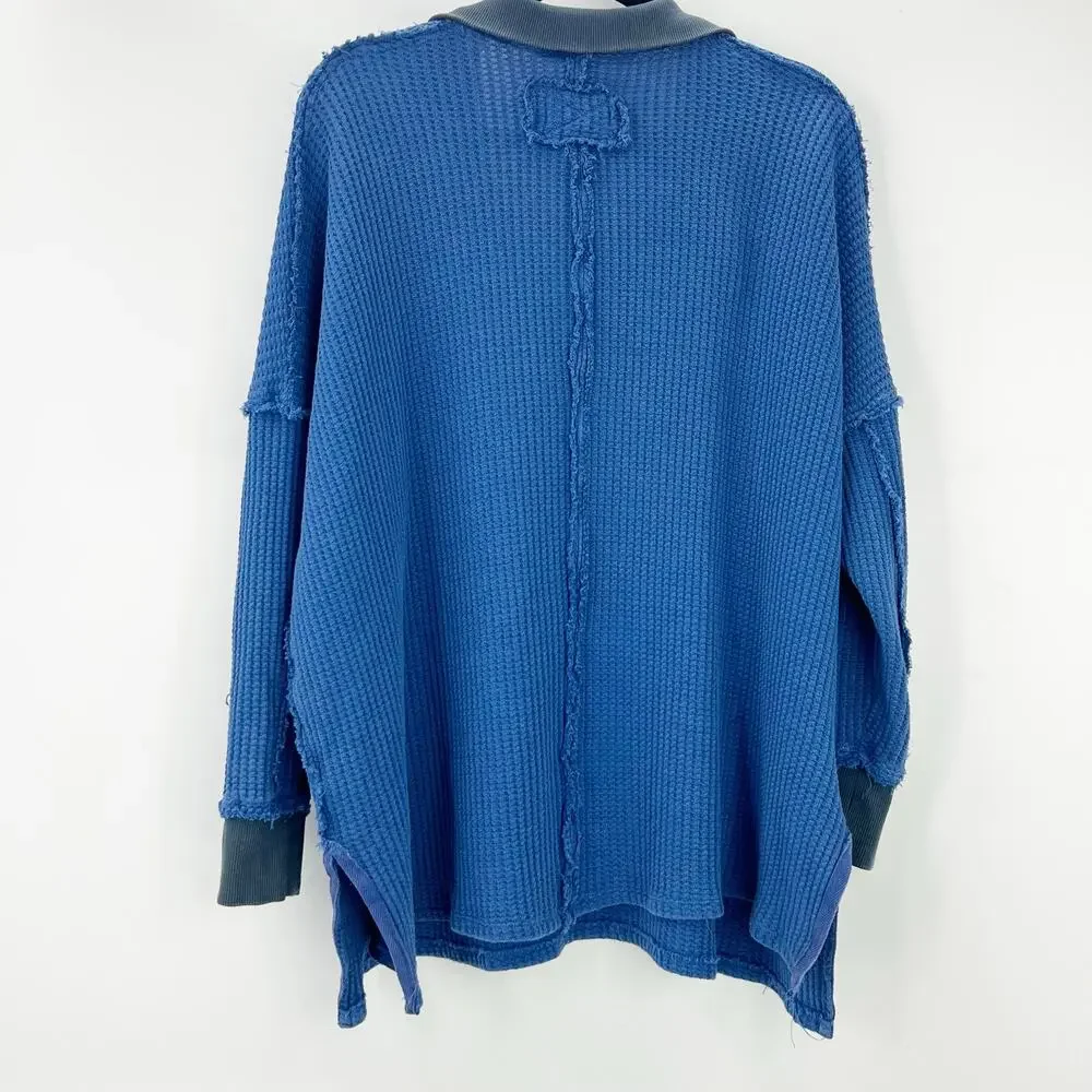 Free People Women's Travis Waffle Knit Polo Sweater Blue Size S NWOT